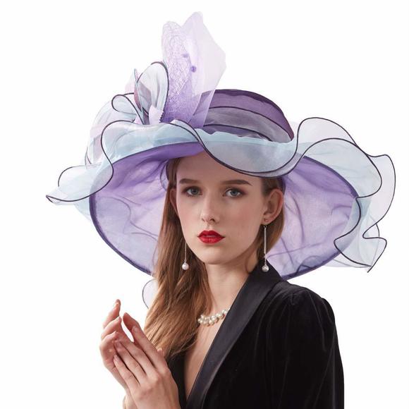 Women Organza Church Derby Hat Wide Brim Sun Hats For Wedding Tea Party🐺 - Picture 1 of 8